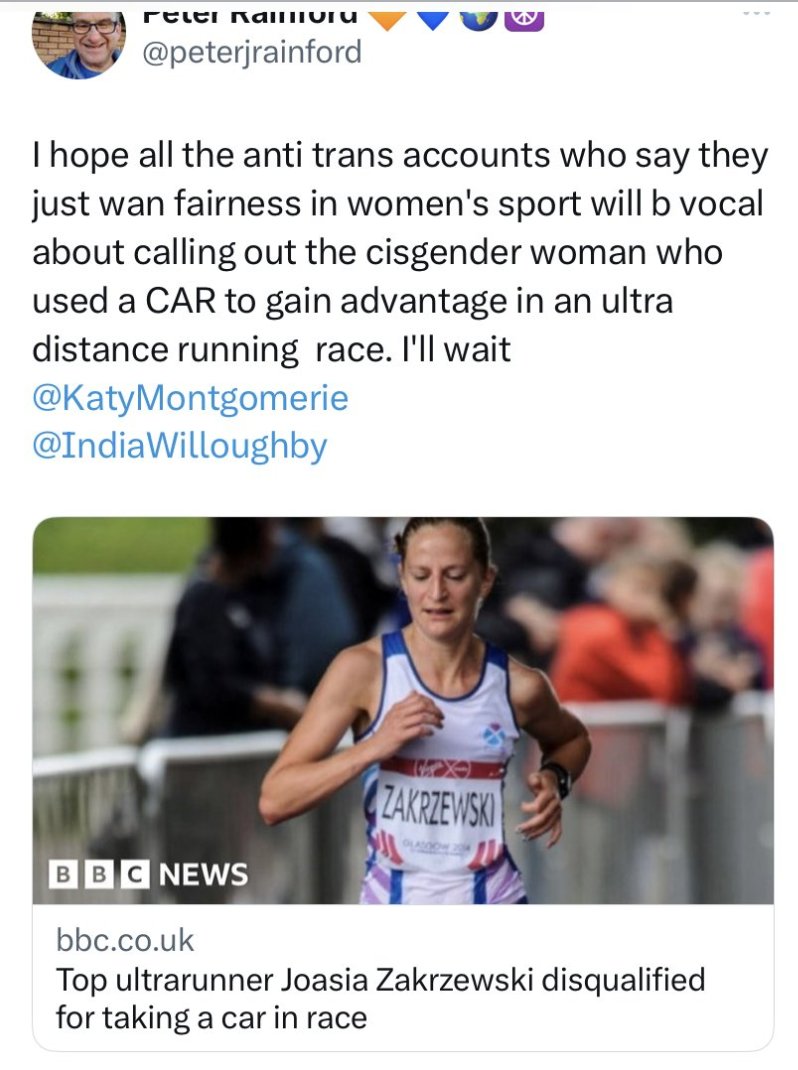 This has been deleted, but I'd like to thank @peterjrainford for opening this door to some important points in this debate. First of all, this athlete was *RIGHTLY* disqualified because of the advantage gained by a car. Nobody who argues for fairness in sport would disagree...1/
