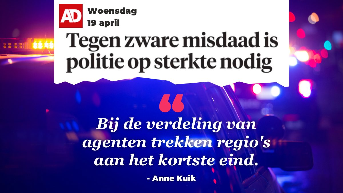 Te lang is de veiligheid van regio’s buiten de Randstad verwaarloosd. 🚨

Daarom pleit @annekuik voor een eerlijkere verdeling van politiecapaciteit #VoorHeelNederland.

Lees de hele opinie hier: ad.nl/article/~abaae…