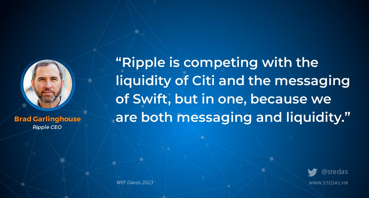 'Ripple is competing with Citi and Swift, but in one, because we are both messaging and liquidity.'
- Brad Garlinghouse, CEO @Ripple

$XRP  #wef23  #fintech
👉stedas.hr/ripple