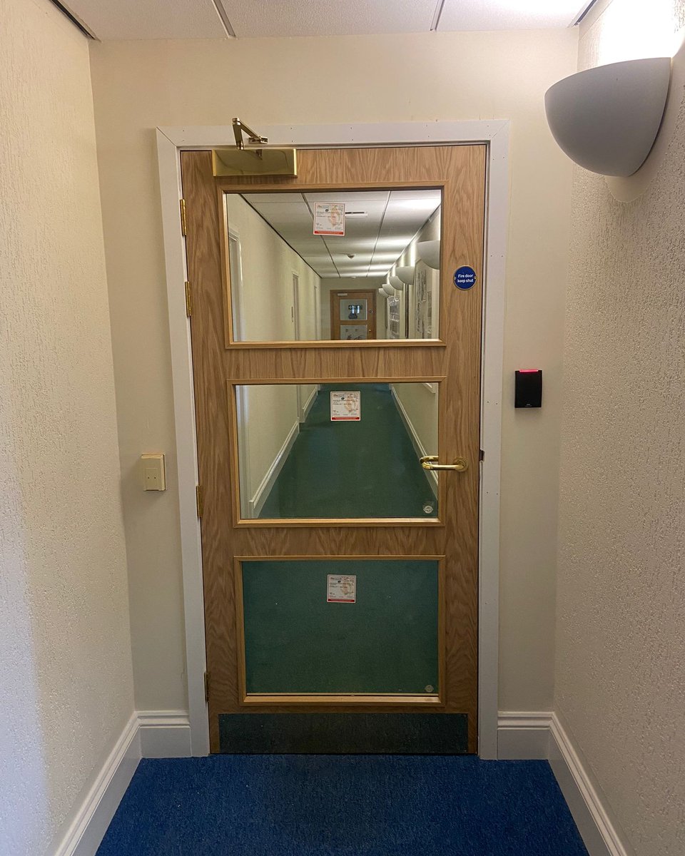 DHatcherBuild's tweet photo. Oak veneered bespoke fire door leading to a main corridor at a local office building. Made in our workshop and placed in situ by our fully approved in house fire door installers. The glazing is Pilkington Pyrodur, well known and recognised by Fire and Building Control Authorities https://t.co/bISwFoTcLw