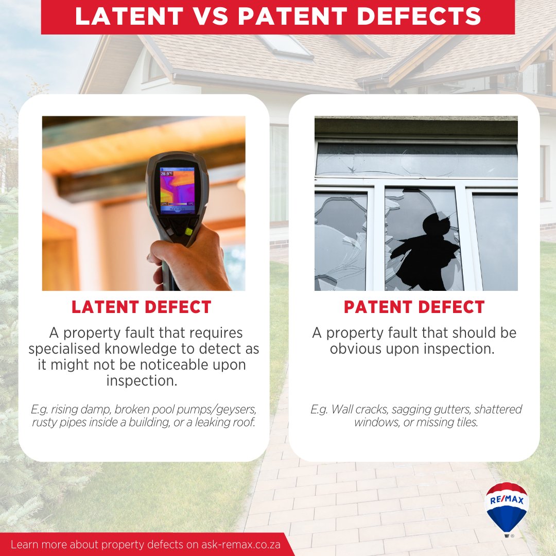 remaxsa's tweet photo. Do you know the difference between latent and patent defects? ๐ค Learn more about the topic on Ask RE/MAX, https://t.co/ZMrNlbTWQX #remaxsa #realestate #propertydefects https://t.co/kTPwiyhmlv
