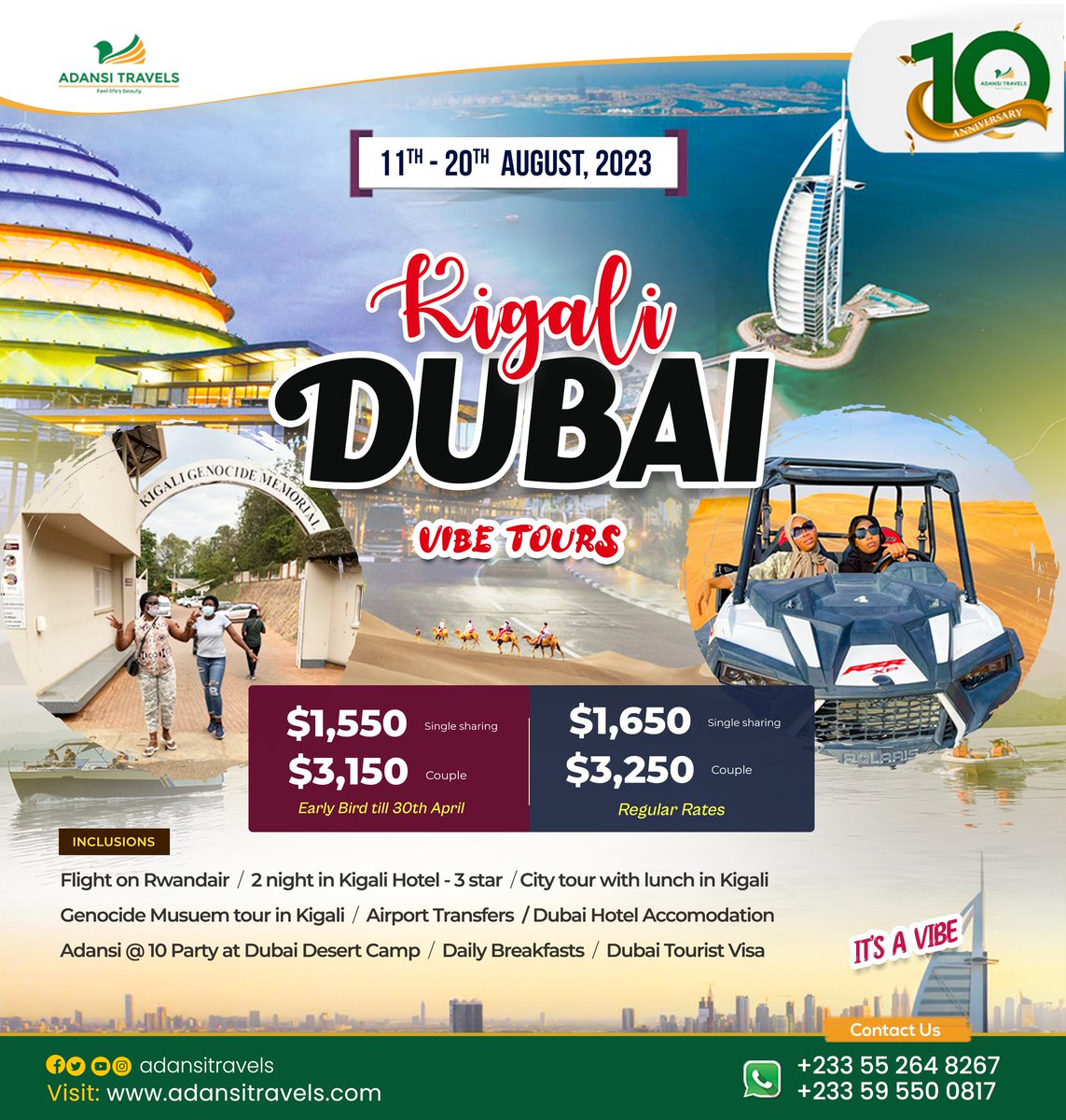 adansitravels's tweet photo. A journey of a thousand miles begins with a single ☝🏽 step &amp; so is a journey to the land of a thousand hills

Enjoy this fun combo tour as part of our anniversary &amp; enjoy fun times with @samini_dagaati

 📞 059 550 0817 

 #kigali #adansiat10 #worldtraveler #visitdubai #itsavibe https://t.co/tIrt4LZg4r