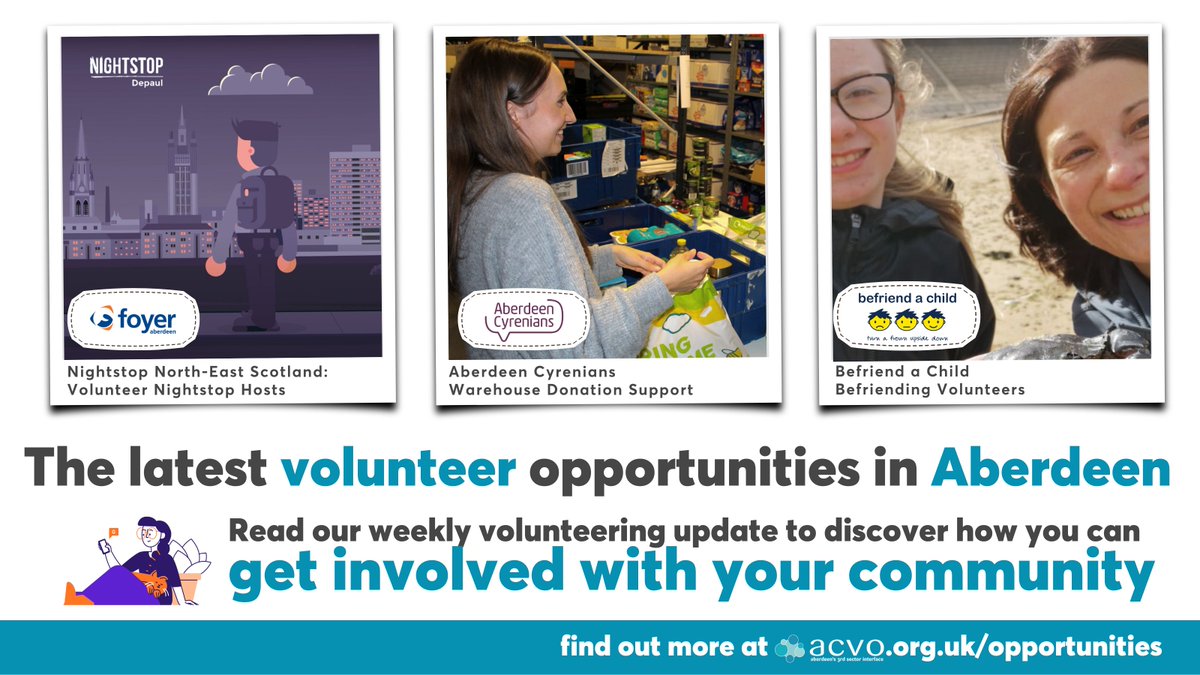 ✋ Want to get involved with your community in #Aberdeen? Make a difference with these opportunities from #VolunteerAberdeen...

🌃 Hosts @NightstopN_E with @aberdeenfoyer
🧥Warehouse Donation Support @Abdn_Cyrenians 
👩‍👧 Befrienders @Befriendachild 

👀👉acvo.org.uk/volunteer/upda…