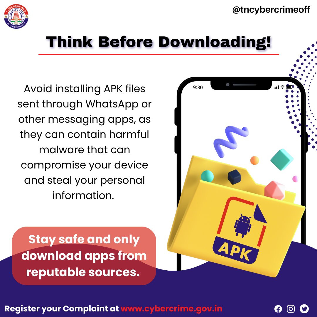tncybercrimeoff's tweet photo. Think Before Downloading
Stay safe and only download apps from reputable sources.
To Report Financial Crimes - Call 1930
To Report Non-Financial Crimes - https://t.co/BuK22YjA8m
#CyberCrimeAwareness #TNCyberCrime #CyberCrimeHelpline #APKHacking #APKMalware https://t.co/gRwlTg22zd
