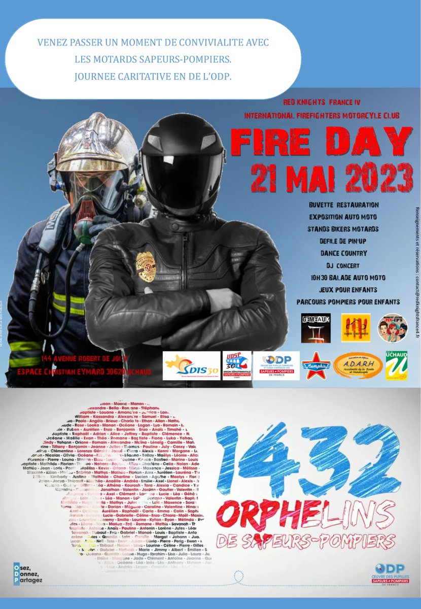 RKFIV's tweet photo. 21 MAI 2023 à UCHAUD.

Salle multiculturelle Christian Eymard.

De 9h00 à 19h00 venez partager un moment convivialité avec les motards sapeurs-pompiers du moto-club Red Knights France 4.

Journée caritative en faveur de l'ODP "L’Œuvre des Pupilles Orphelins de sapeurs-pompiers https://t.co/ejGXFcRMBf