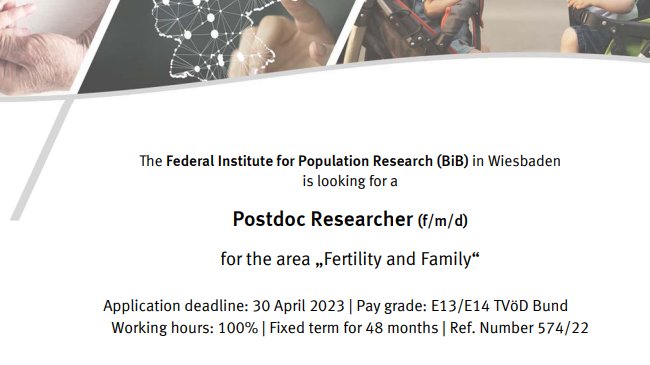 We are hiring a #postdoc scientists in the field of #fertility research. Tasks include:
➡️ Conception/implementation of scientific studies
➡️ Analyses of (inter)national data sets 
➡️ Publication/presentation of research findings 

Interested? 👇

bib.bund.de/EN/Institute/J…