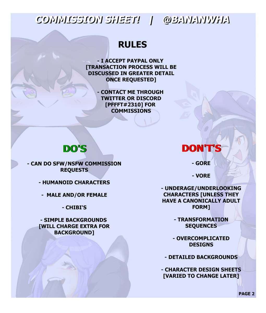 Due to hittin a personal goal, i'm opening up commissions for the first time-! For now, i'll only be opening up 2 slots to start small. 

So if you're in anyway interested, please read my rules below and contact me via twitter or discord!