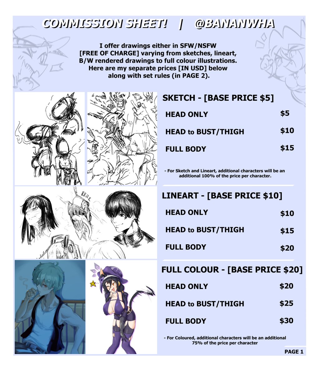 bananwha's tweet photo. Due to hittin a personal goal, i'm opening up commissions for the first time-! For now, i'll only be opening up 2 slots to start small. 

So if you're in anyway interested, please read my rules below and contact me via twitter or discord! https://t.co/zVLOgOhfgp