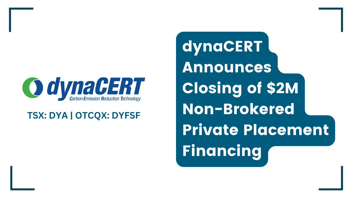 Investornewscom's tweet image. #dynaCERT Announces Closing of $2M Non-Brokered Private Placement Financing bit.ly/41Cyjk0 

#GreenHydrogen #CarbonCredits #CarbonEmission @dynaCERT $DYA $DYFSF