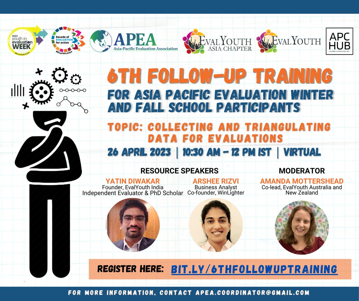 We’re opening the 6th Follow-up Training to the public for the #YouthInEvalWeek 

Join us in learning about collecting and triangulating data for evaluations from 
@yatindestel and @RizviArshee

Register: bit.ly/6thFollowUpTra…

#Eval4Action #APCHub @EvalyouthAsia @unfpa_eval