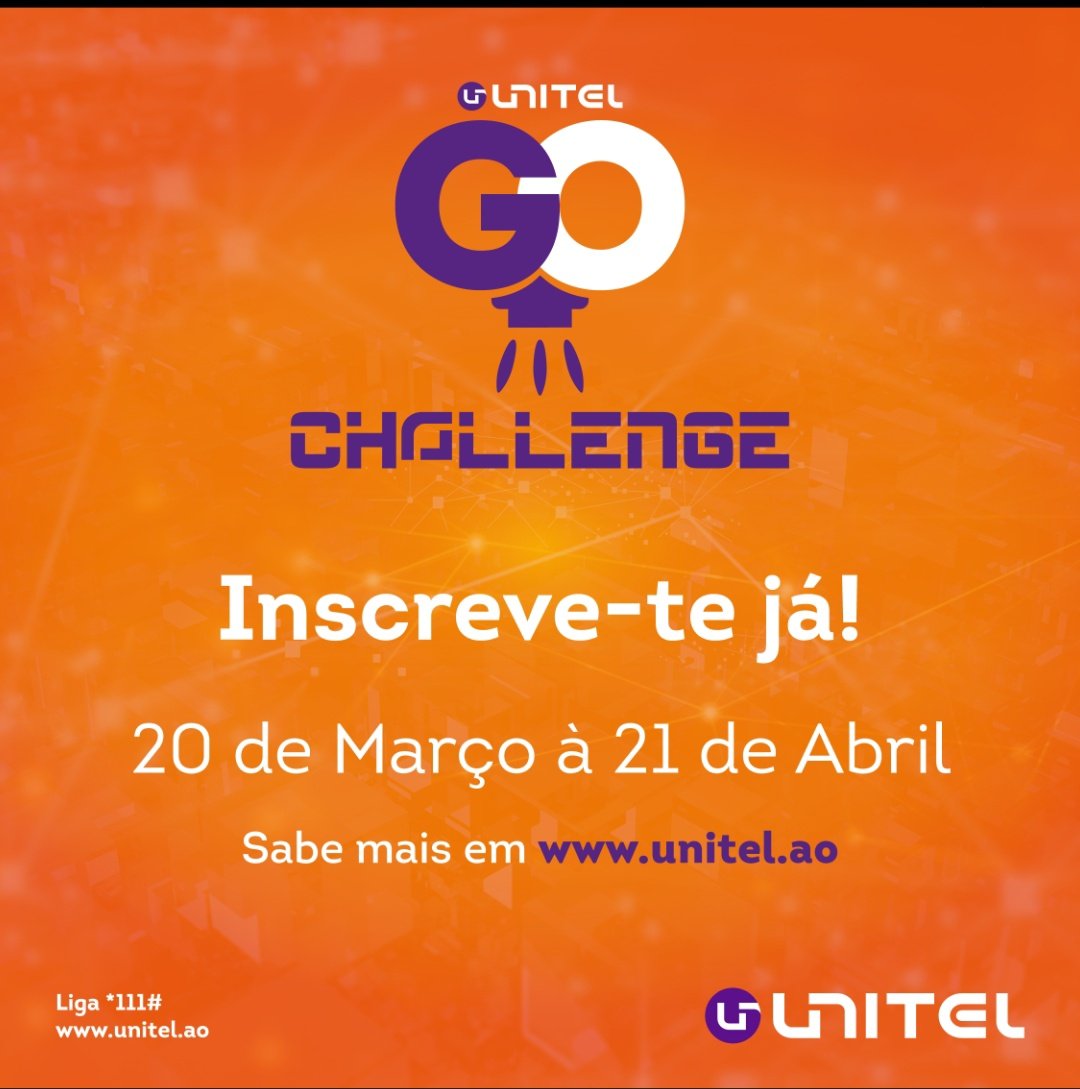 nuno_baio's tweet photo. Faltam 3 dias!!!

 Go Challenge 2023

É a tua oportunidade de participar no maior programa nacional de Startups em Angola!

Habilita-te a ganhar:
- 4M AKZ
- 5 Computadores Portáteis
- 1 Ano de Telecomunicações Grátis
- 1 Ano de Incubação na Incubadora UNITEL
- Promoção da Startup em TV e Rádios parceiras da Unitel

Se tens uma Startup

Passo 1
Preenche formulário de inscrições em: 
https://t.co/uwomc0pk9e

Passo 2:
Envia para gochallenge@unitel.co.ao:
- Video demonstrativo de 30 Seg. (até 15MB) da app
- Apresentação em Powerpoint (a explicar o negócio)

Questões adicionais:
Regulamento em https://t.co/MCea7AoIOc

Inscreve-te já!!!🚀🚀