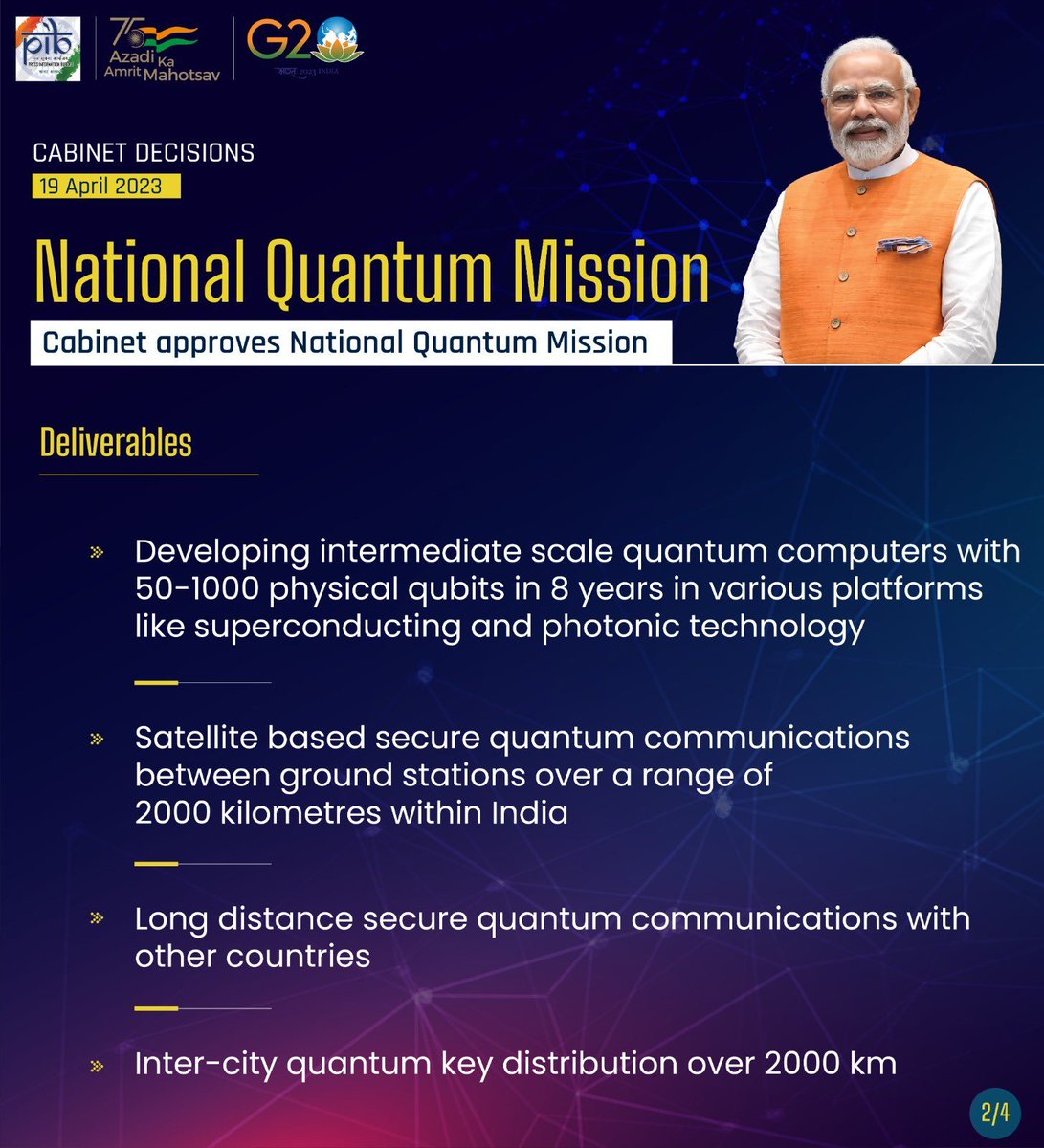 ANI's tweet photo. Union Cabinet approves National Quantum Mission with a budget provision of Rs 6003 Crores. The time period of the Mission is from 2023-24 to 2030-31. This is one such decision that will take India to new heights:  Union Minister Anurag Thakur https://t.co/iIy90h7NEQ