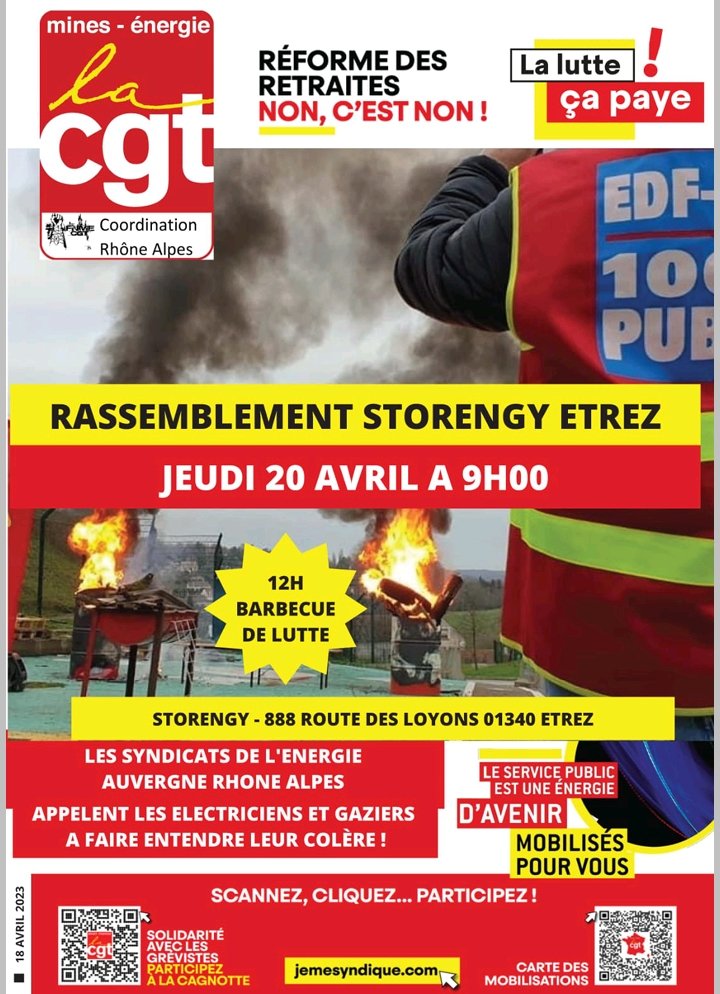 TashiLa15's tweet photo. Jeudi 20 avril à 9h, rassemblement sur le site gazier de #Storengy à #Etrez dans l'Ain. Pour les plus matinaux, c'est dès 7h30 sur le piquet de grève.
#GreveGenerale 
#64AnsCestToujoursNon 
#MacronDegage https://t.co/Q8fYTy1XP8