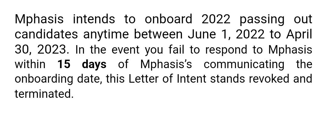 maheshv958065's tweet photo. hello everyone ,
we graduate students from across India have placed in @Mphasis in year 2022(nov,dec,jan) and we have received letter of intent(LOI) from them informing us that they will onboard us between june 2022 to april 2023 now its been more than one and half year. https://t.co/SXbMk7hjWq