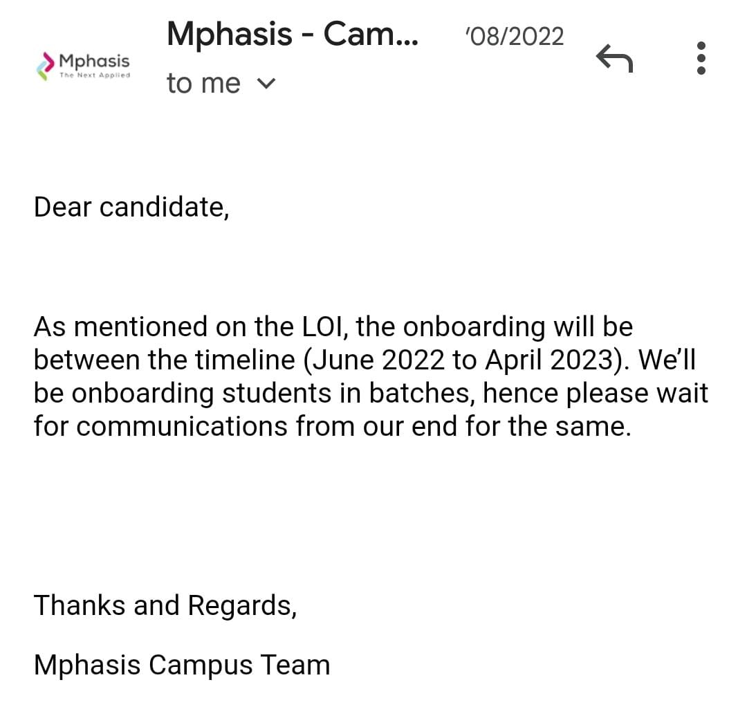 maheshv958065's tweet photo. hello everyone ,
we graduate students from across India have placed in @Mphasis in year 2022(nov,dec,jan) and we have received letter of intent(LOI) from them informing us that they will onboard us between june 2022 to april 2023 now its been more than one and half year. https://t.co/SXbMk7hjWq
