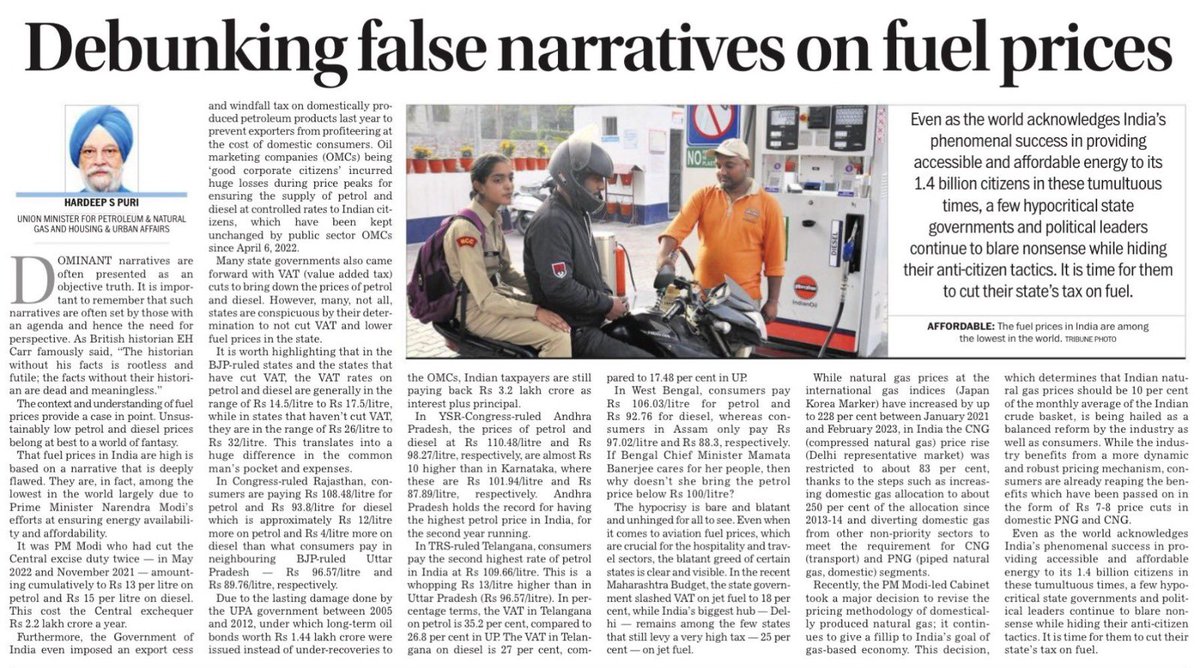 PiyushGoyal's tweet photo. 'Fuel prices in India among the lowest in the world.'

Read this article by my colleague @HardeepSPuri ji, where he debunks false narratives on fuel prices. https://t.co/LUr5NMSOLV