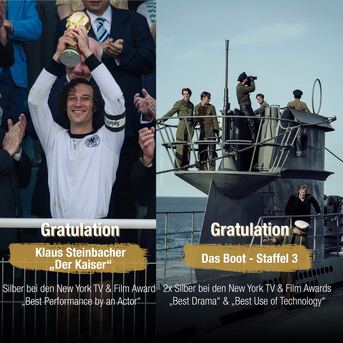 BirgitEhmann's tweet image. Congrats!
Sky Originals Das Boot and Der Kaiser won three times Silver at New York TV &amp;amp; Film Festival
Best Performance by an Actor for @Klaussteinbacher and Best Drama and Best Use of Technology for Das Boot 🏆