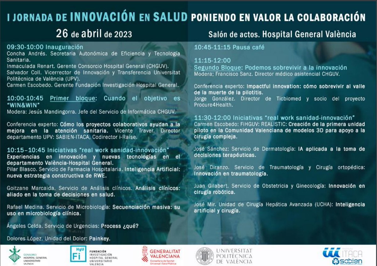 geibsan's tweet photo. I Jornada de Innovación en Salud. Poniendo en valor la colaboración. 26 abril 2023. Salón de actos @HGUVALENCIA . Te esperamos 👉https://t.co/Us8Wcw8QfO @UPV @SabienUPV https://t.co/WpGy4lJLNJ