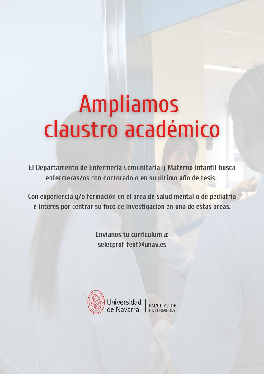 #OfertaDeEmpleo

Desde <a href="/enfermeriaunav/">Facultad Enfermería</a> ampliamos nuestro claustro académico en el Departamento de Enfermería Comunitaria y Materno Infantil.

Envíanos tu CV a selecprof_fenf@unav.es

unav.edu/web/facultad-d…