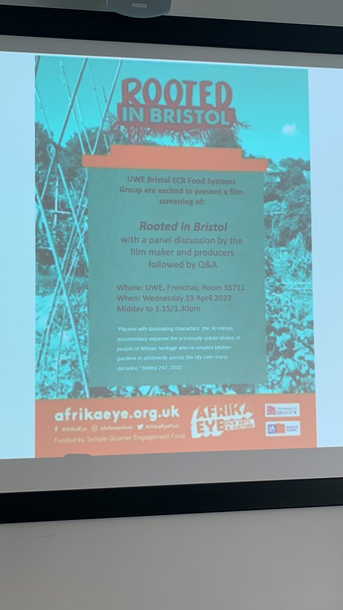 Really looking forward to chairing the discussion after the screening of Rooted in Bristol today. Great short doc about African kitchen gardens and allotments <a href="/UWEBristol/">UWE Bristol</a> <a href="/AfrikaEyeFest/">Afrika Eye Film Festival</a> #Bristol #SDGs