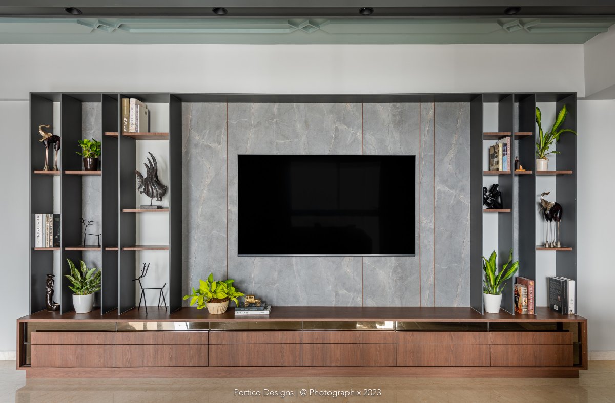 The only wall we really got to design in the Wakad, Pune, apartment was that of the TV unit. We played with varying finishes and materials. #interior #interiordesign #porticodesignconcepts #porticointeriors