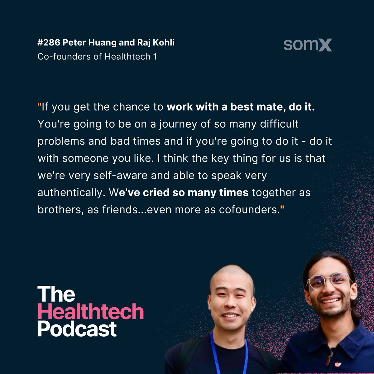 somXhealthtech's tweet photo. Finding the right co-founder can make or break a #startup. For @healthtech_1 co-founders Peter Huang and Raj Kohli, their friendship and complementary skillsets have been the key to success.

Hear more on @healthtechpod: https://t.co/6P7hyEoFuz

#somx #healthtech https://t.co/7fWDy1cPJt
