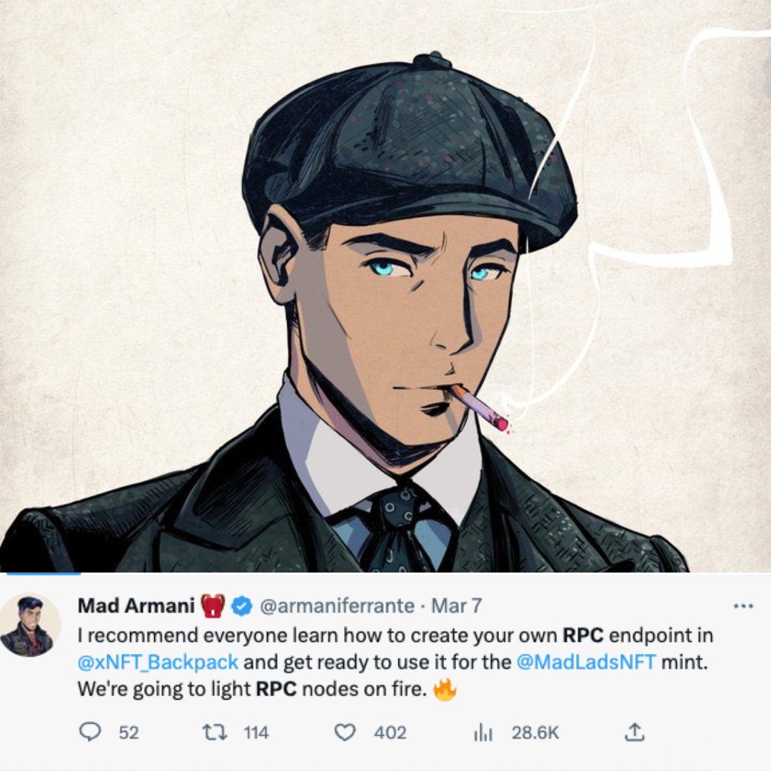 In 12 hours, the @MadLadsNFT mint will take place.

<a href="/armaniferrante/">Armani Ferrante</a> has stated that owning an RPC is essential for participating in the public mint stage, which guarantees a large supply and no bots. As a result, all Cyber Hustler WL holders will get free access to the RPC node!