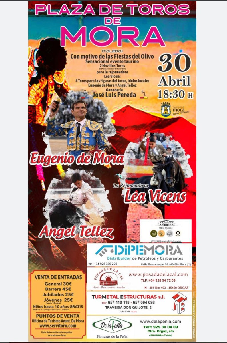 OrejasyTrofeos's tweet photo. Ya tenemos próximo festejo a la vista. El día 30 estaremos en Mora (Toledo)
Terna del festejo: 
@LeaVicens @Eugeniodemora @AngelTellez757 https://t.co/imaOZYhZwM