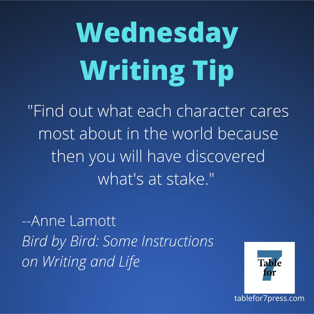 tablefor7press's tweet photo. Wednesday Writing Tip:

"Find out what each character cares most about in the world because then you will have discovered what's at stake."
--Anne Lamott
BIRD BY BIRD: SOME INSTRUCTIONS ON WRITING AND LIFE

#wednesdaywritingtip https://t.co/3dJ09HjjGj