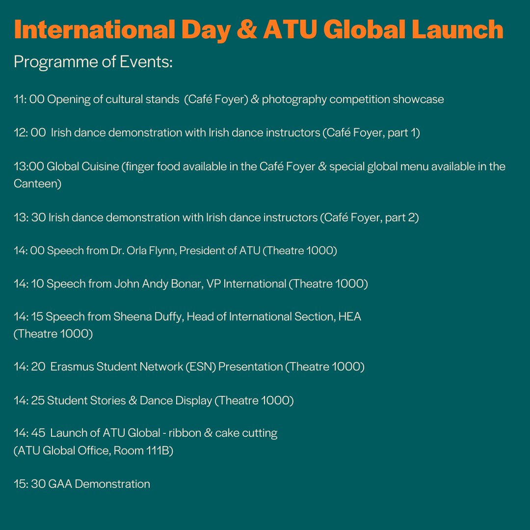 📣20 APRIL📣
ATU Global brings you an exciting opportunity to interact with our students & staff from around the world, who will showcase their culture and traditions during our International Day and the launch of ATU Global.
@ATUGlobalGalway @atusligo_global @ATUDonegal_