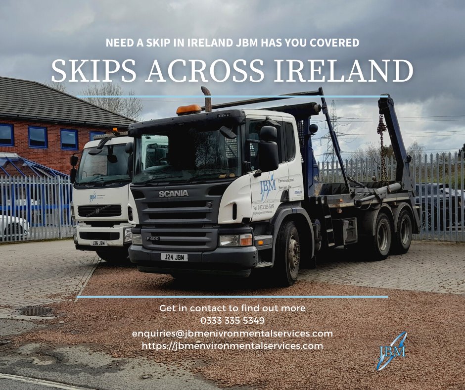 jbmenvironment's tweet photo. Looking for reliable skip hire services in Ireland? Look no further than JBM! Our nationwide coverage and range of skip sizes 2-40 yards means we've got you covered. Contact us today for competitive rates and expert waste management solutions. #SkipHire #WasteManagement #Ireland https://t.co/0zAHMJgiFn