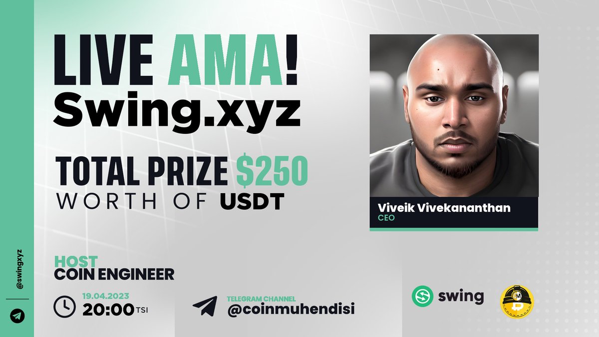 coinmuhendisi's tweet photo. 🎉250 $USDT Ödüllü @swing_xyz ile #AMA etkinliği düzenliyoruz.

📅AMA Tarihi: 19 Nisan 20:00  

📢10 soru ödüllendirilecek. Twitter(5)-Telegram(5)  

🔽Kurallar:

@coinmuhendisi
+
@swing_xyz
+
@airdropmuhendis 

➡️Beğen,Retweet 
➡️Soru Sor 2 Arkadaşını Etiketle✅ https://t.co/ceIqGcfzzC