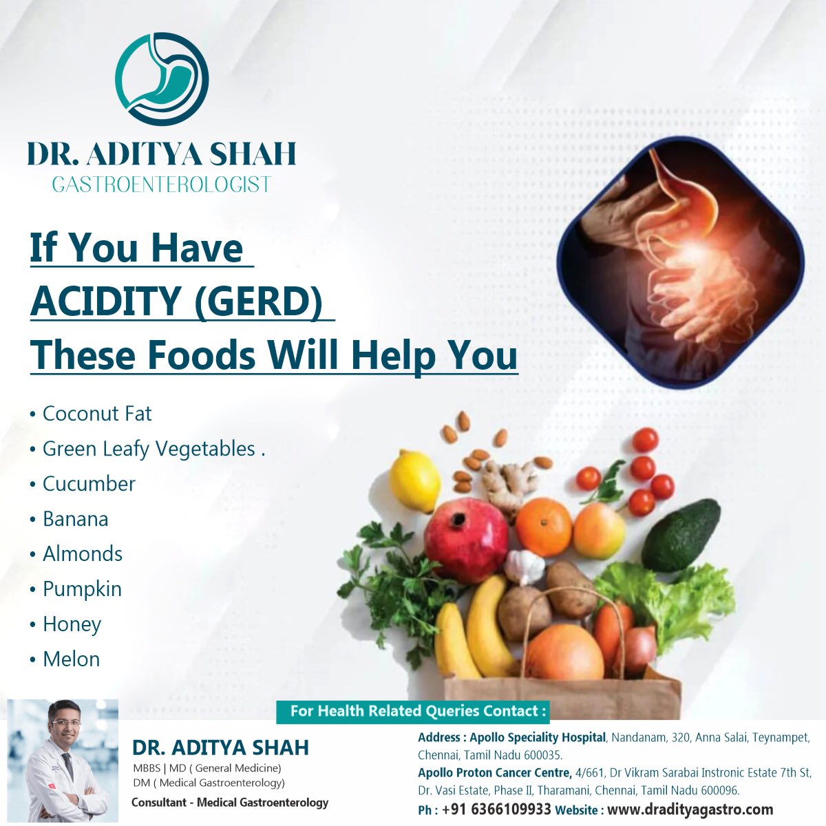 DrAdityaGastro's tweet photo. IF YOU HAVE ACIDITY (GERD) !!
THESE FOODS WILL HELP YOU
Best Gastro Doctor In Teynampet.
#acidreflux #acidity #acid #gerd #avoidjunk #suffer #digestivehealth #gastroesophagealrefluxdisease #gastroenterologist #draditya #adityashah #teynampet #chennai #india #doctor #booknow https://t.co/vrQpZpZ2qP
