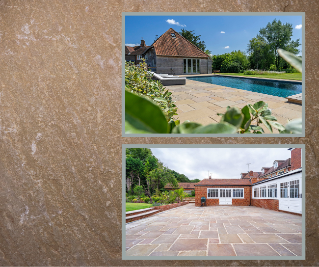 Stoneworld #Raj Green Indian #sandstone paving and #pool #copings add a soft variation of browns and greens perfect for a #rural English location. We only source the highest quality Raj Green, meaning #consistent colouring in several thicknesses.