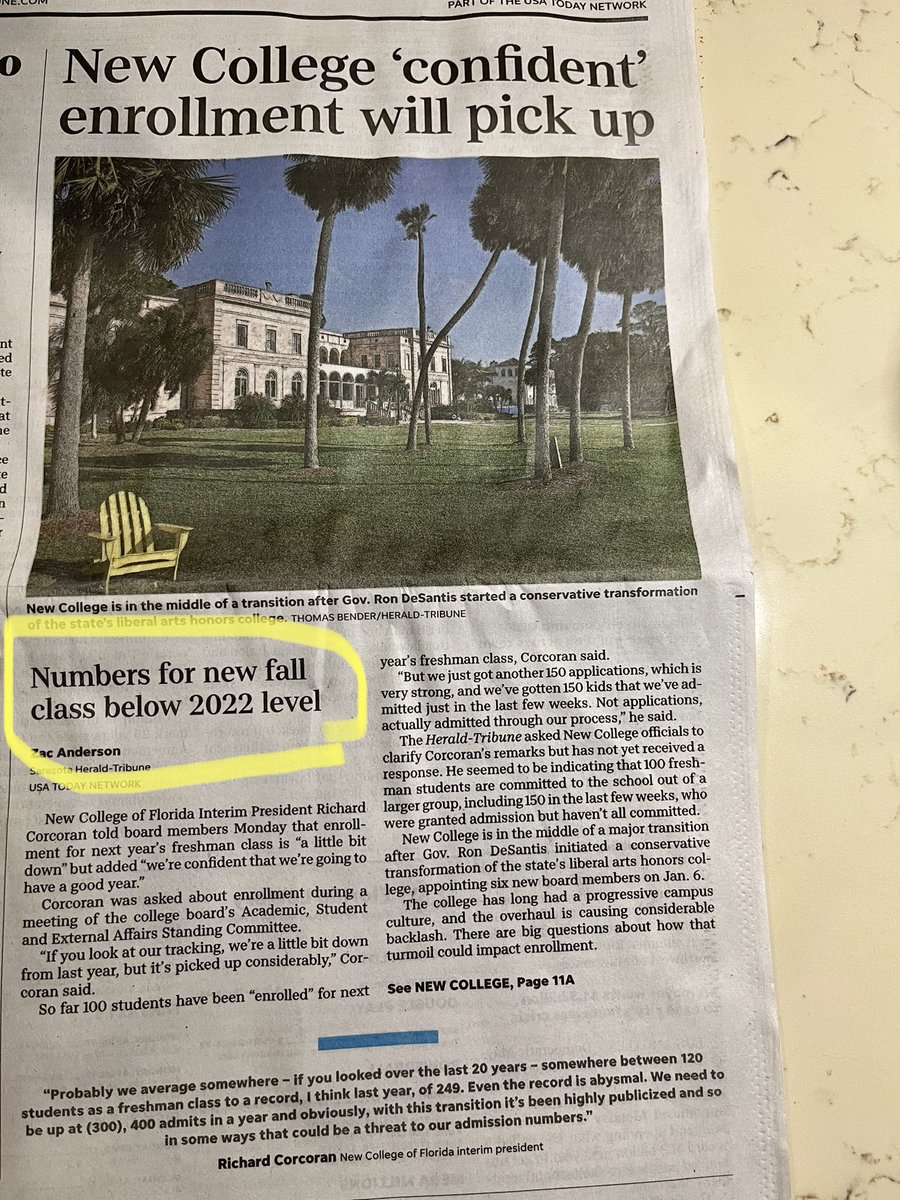 Cathy2NotToday's tweet photo. In today’s installment of “ya think?” 

Front page SARASOTA Herald

New College fall enrollment down 

Shocking 🤔

#NewCollege #HateWontWin https://t.co/NTI5eyTUwX
