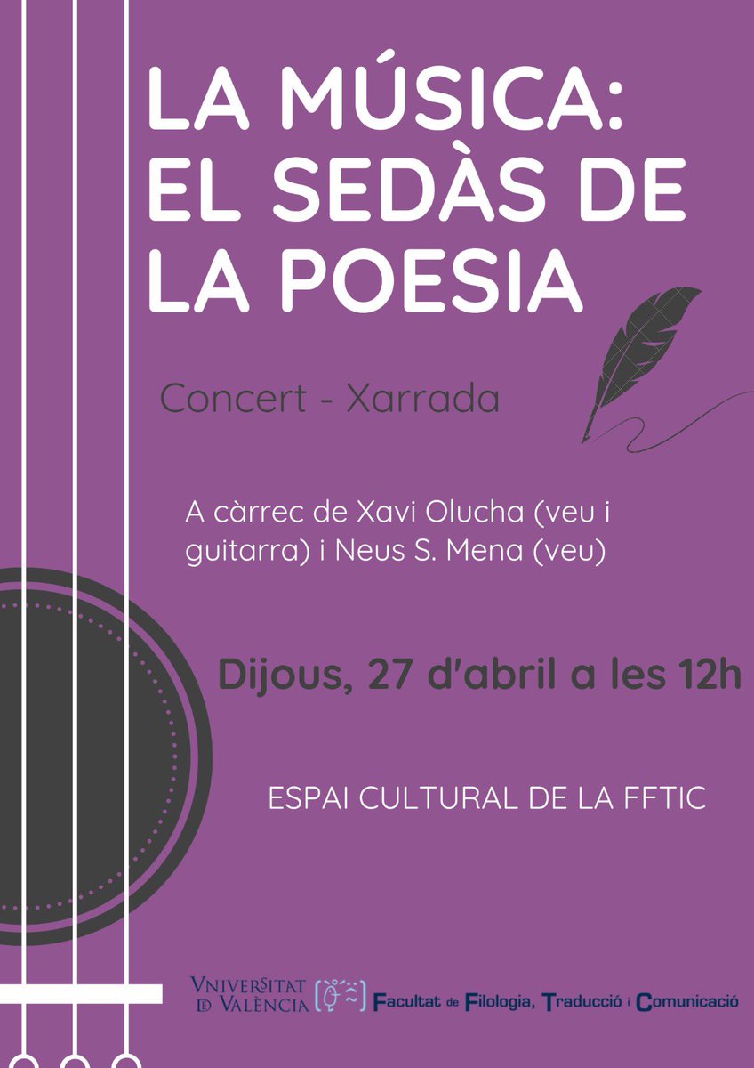 FiloCatUV's tweet photo. Els nostres estudiants @Neus_S_M i @xaviolucha han posat música i veu a Garcia, Morlà, Fontanella, Gassulla i fan un concert el dijous 27 d’abril, a les 12h, a la @FILTRADCOMUV, que celebra la #setmanacultural.

Hi esteu tots convidats! https://t.co/Hr49BC3Tk2
