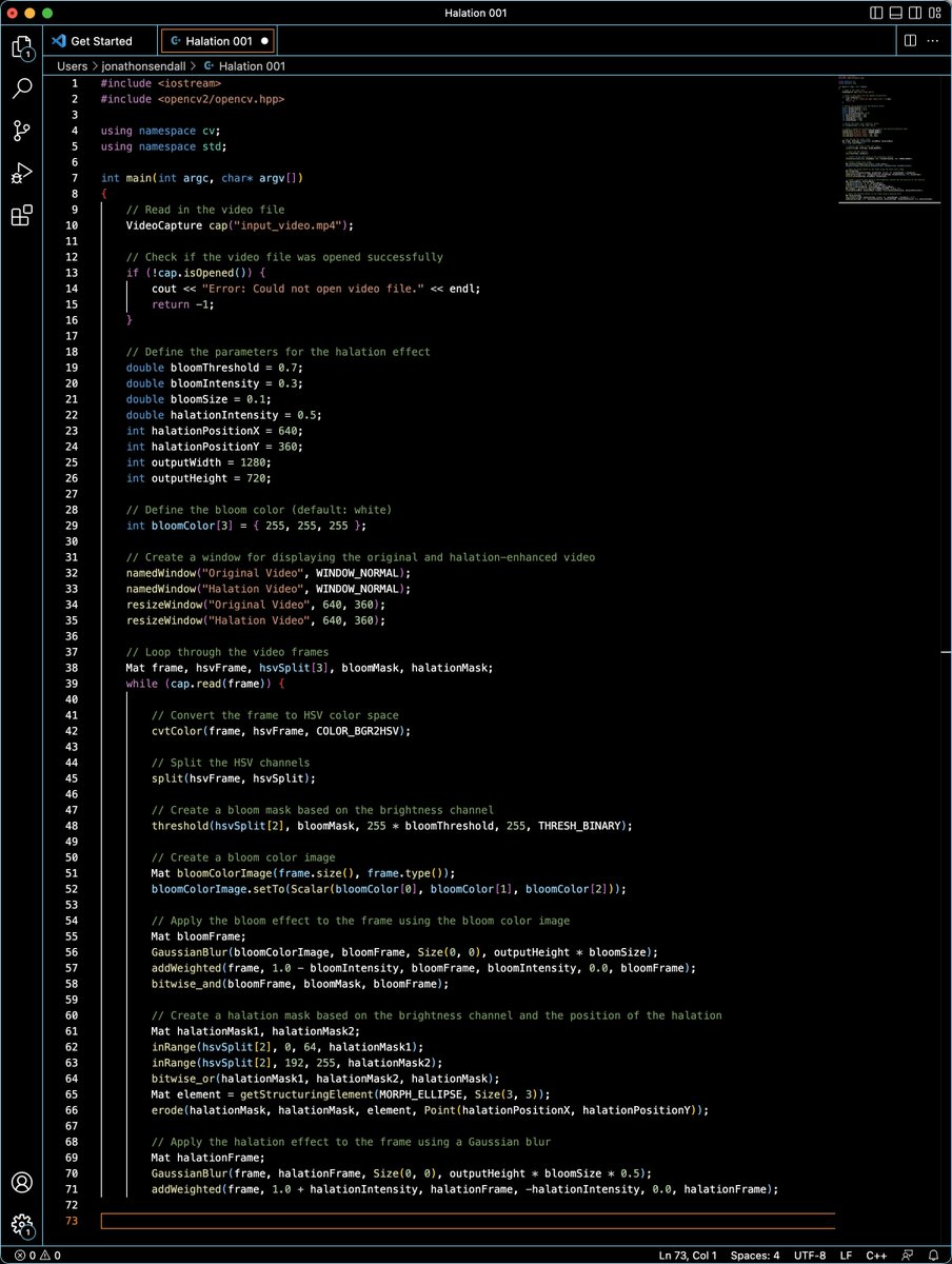 jpsendall's tweet photo. @steveyedlin I got Chauncey to write some C++ code for me to try and replicate halation. I have absolutely no idea since I am a dunce in C++. How did Chauncey do teach? https://t.co/jQtDYuopIz