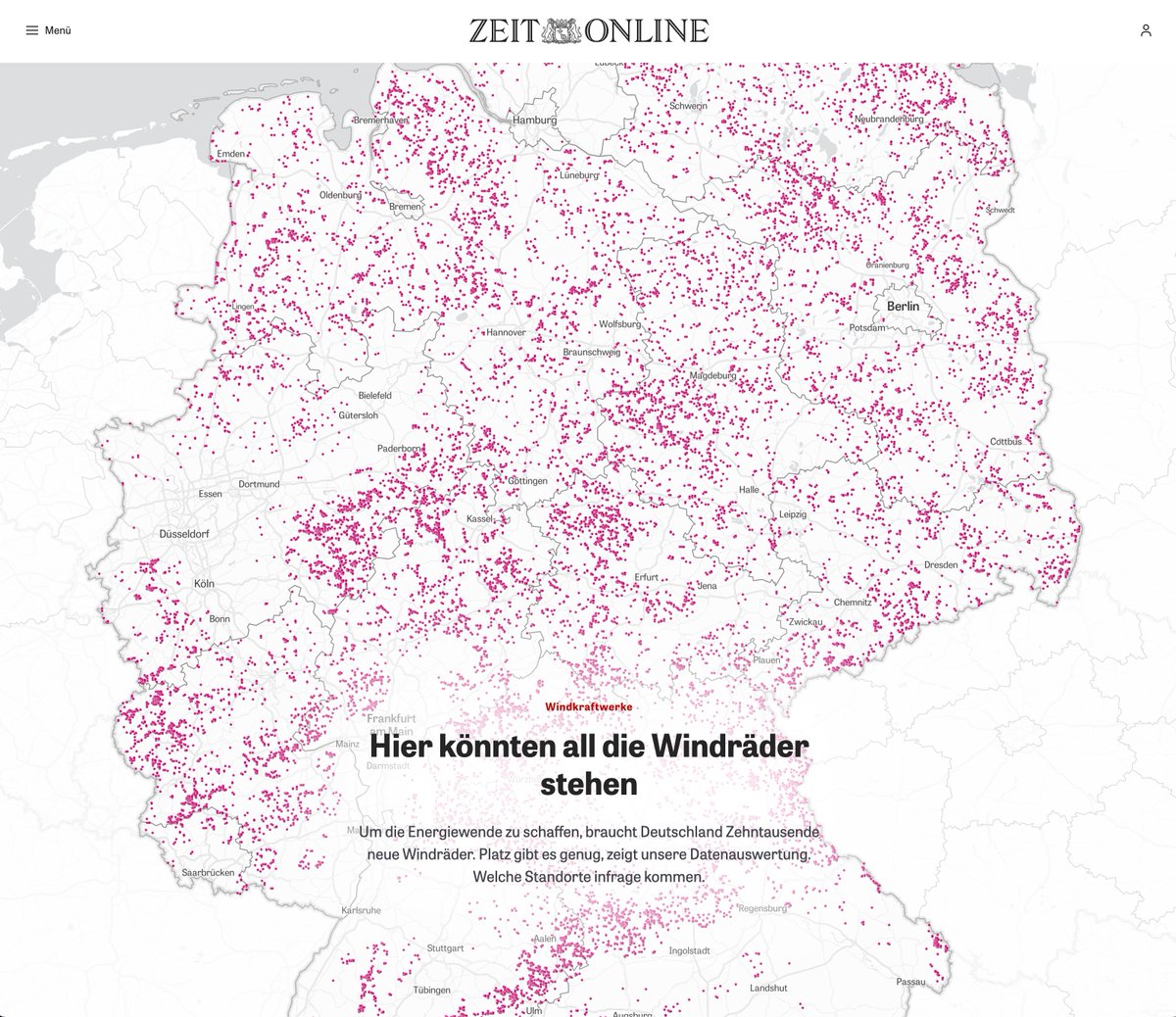 Die AKWs sind weg, die Kohle auch bald. Und dann? Damit in Deutschland die Lichter anbleiben, brauchen wir zehntausende neue Windräder. Wir haben geguckt, wo die eigentlich alle hinsollen. Wichtigstes Ergebnis: Platz gibt es genug.