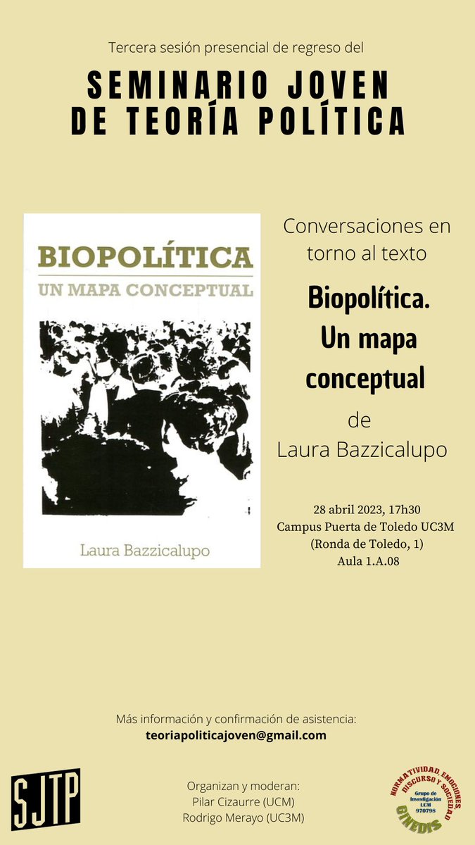 TPjoven's tweet photo. Ya tenemos fecha 🗓️ y lectura 📖elegidas para la próxima sesión del SJTP: nos vemos el 28 de abril comentando "Biopolítica" de Bazzicalupo. ¿Te vienes? ⤵️

+info: teoriapoliticajoven@gmail.com ✉️ https://t.co/yBDjBq5IXf
