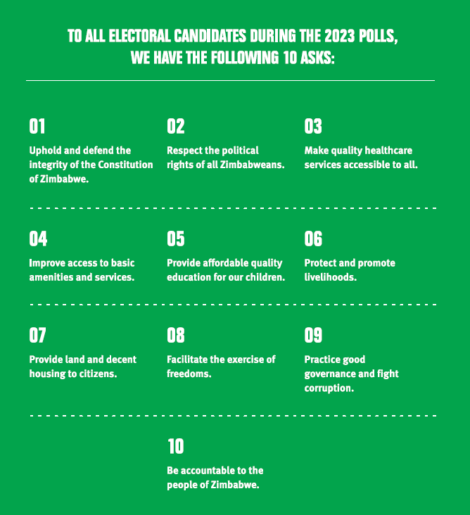 ZimRightsLIVE's tweet photo. #𝐃𝐞𝐚𝐫𝐄𝐥𝐞𝐜𝐭𝐨𝐫𝐚𝐥𝐂𝐚𝐧𝐝𝐢𝐝𝐚𝐭𝐞𝐬 for the 2023 elections, we have the following 10 asks...
Download and read the People's Human Rights Manifesto here https://t.co/e1D6suQS59
#ShowUpZw https://t.co/EDt6n2Xqqe
