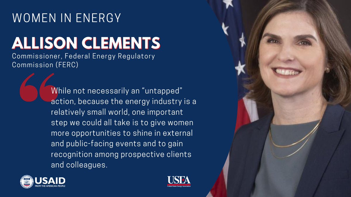 USEnergyAssn's tweet photo. Join us to congratulate @FERC commissioner @ClementsFERC our April 2023 #womeninenergy honoree.
This @USAID @USEnergyAssn #EUPP interview series celebrates women’s participation and leadership in #energy and #climate
Read ↘️
https://t.co/jAroud2xnZ https://t.co/5CHM4DD47m