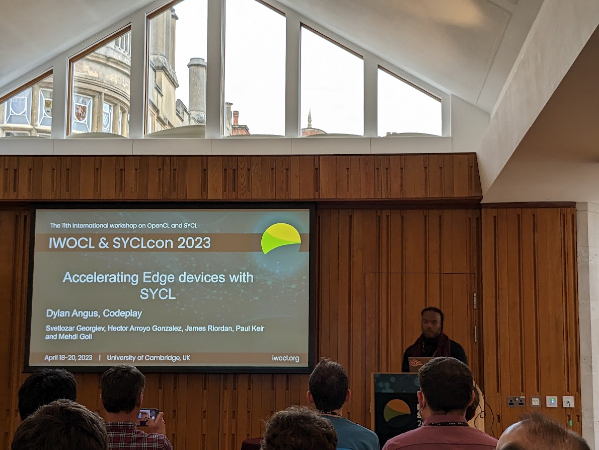 codeplaysoft's tweet image. The Codeplay team are presenting on a variety of topics related to SYCL @IWOCL &amp;amp; SYCLcon. Next up is Dylan Angus talking about using edge devices, such as drones, to run neural networks. SYCL is enabling this software stack on the Nvidia Jetson hardware. #sycl #onnx