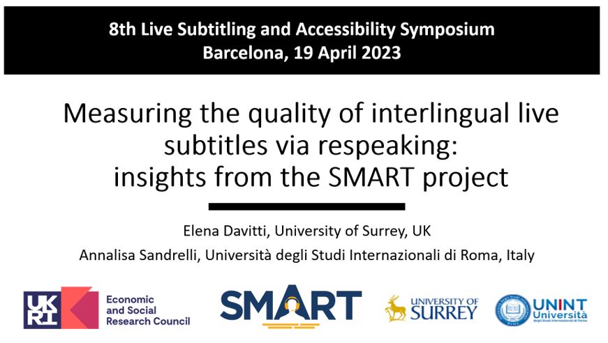 SMARTatSurrey's tweet photo. Just wrapped up an awesome panel on measuring #livesubtitling quality at @UAB's symposium. We contributed out two cents ๐๐ปOne big question: should accuracy benchmarks differ between #intralingual and #interlingual #respeaking? More to come later! @ElenaDav @CTS_Surrey @pibadeoro https://t.co/T77pjeP6pJ