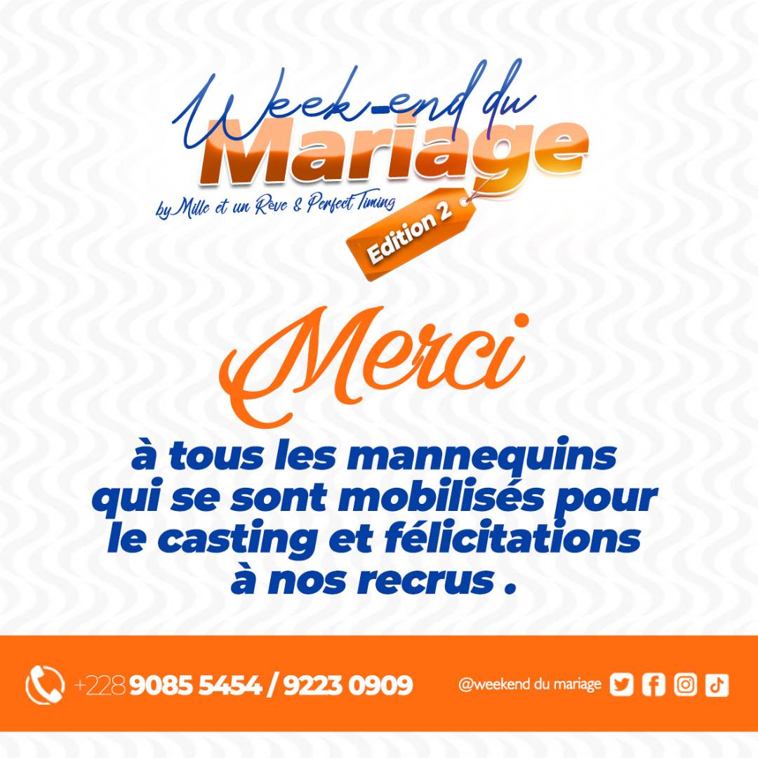 MariageAuTogo's tweet photo. Merci à tous les mannequins qui se sont mobilisés pour le casting et félicitations aux recrus.

Rdv du 5 au 7 mais 2023
Lieu: le Hangar Cacaveli 
Pass: 1000f
📱: +228 92230909/ 90855454
#weekenddumariage #perfecttiming228 #defiledemode #Togo https://t.co/pLatXCExKt