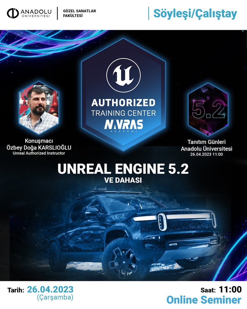 NavrasAkademi's tweet photo. 26.04.2023 tarihinde Eskişehir Anadolu Üniversitesi Güzel Sanatlar Fakültesi ile Unreal Engine 5.2 ve getirdiği yenilikler hakkında konuşacağız.

Oyun programlama, CGI Film Animasyon, Simülasyon, Mimari Projelendirme bu seminerde olacak.

Görüşmek üzere Eskişehir😃
@Anadolu_Univ https://t.co/m18otfIzQr
