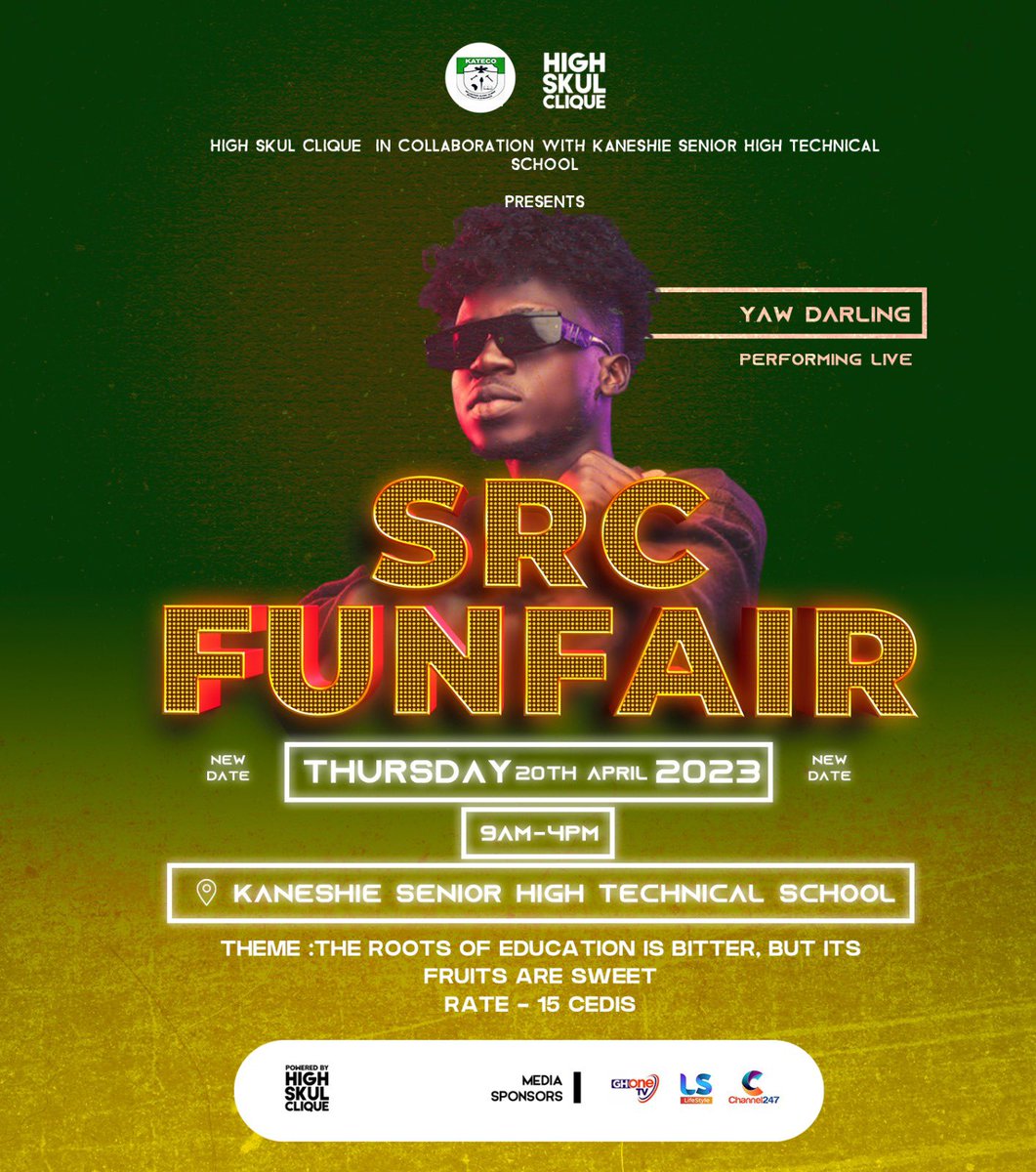 YawDarlingMusic's tweet photo. Here we go!! Kaneshie secondary school it’s about to be lit 🔥.
Catch #yd on stage tomorrow. See ya !!
Shout to @highskulclique
#skyentertainment #pullup #midweekspread https://t.co/92YV5hDn9G