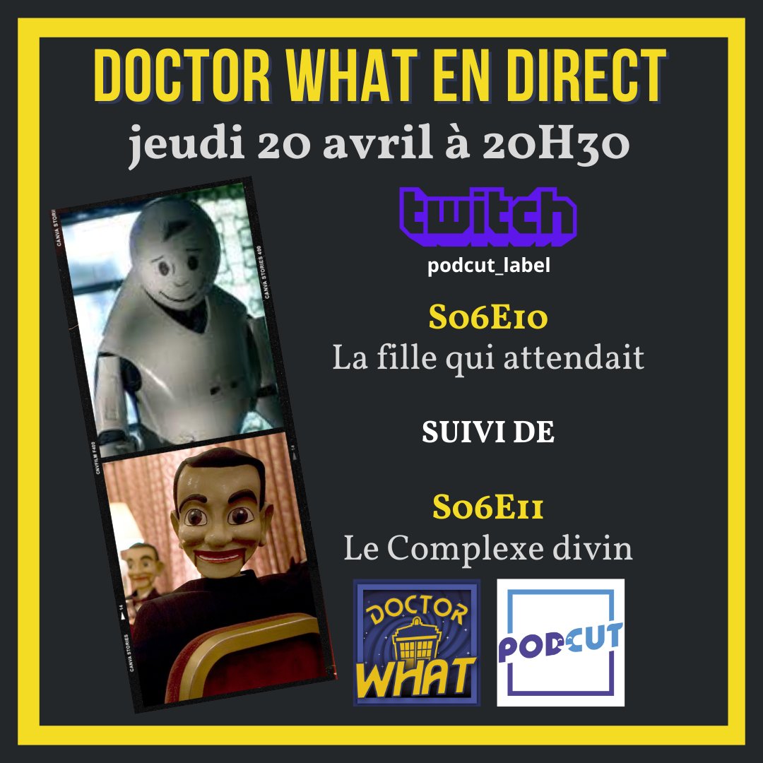 doctorwhat_pod's tweet photo. [ENREGISTREMENT] Rendez-vous demain (jeudi 20 avril) à 21h sur #Twitch de @Podcut_label pour enregistrer 2 épisodes.

📌 20h30 - S06E10 - la fille qui attendait
📌 Juste après - S06E11 - Le complexe divin

vous serez là ? 

🔗 https://t.co/eR8hdA1Aub https://t.co/UbNu7H80Tz
