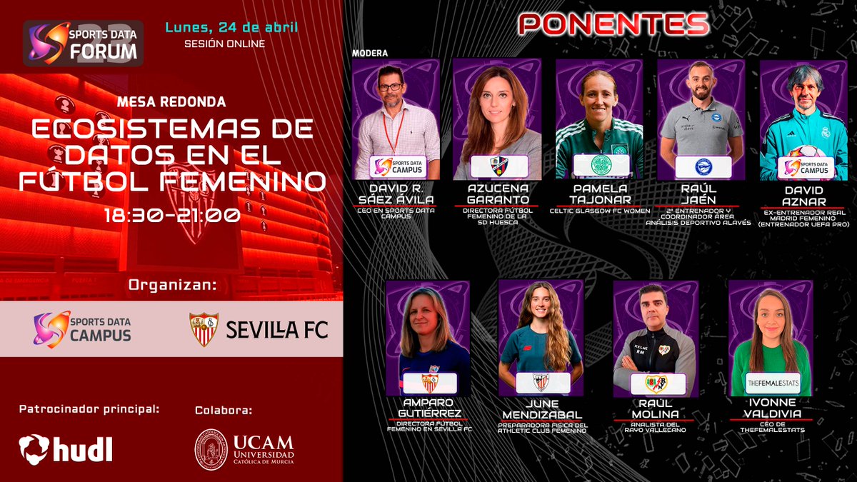 🚀El próximo lunes tenemos tarde temática de Ecosistemas de datos en el fútbol femenino 🚀

🗓️ Lunes 24 abril
⌚️18.30h
🔗 Sesión Online: lnkd.in/dNgJSxH

🗣 Ponencia Marco: <a href="/azuzoide/">Azu</a> Directora Fútbol Femenino SD Huesca.

⌚️19.30h > Mesa Redonda👇