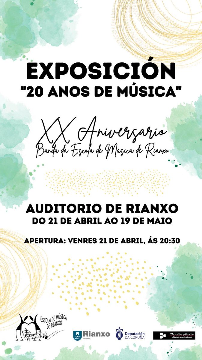 A Asociación Escola de Música de Rianxo organiza a exposición "20 anos de Música", enmarcada nos actos conmemorativos do XX aniversario da Banda da Escola de Música de Rianxo. A mostra terá lugar na sala de exposicións do auditorio de Rianxo, do… concelloderianxo.gal/cultura/-/blog…