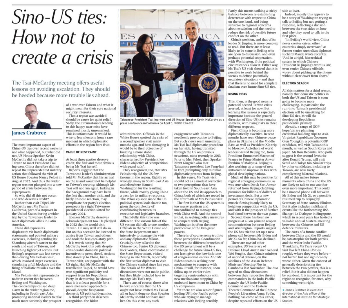 jamescrabtree's tweet photo. An odd thing just happened: the US worked hard behind the scenes over recent weeks to avert a repeat of the Pelosi visit furore, &amp; then didn't really tell anyone — and so got no credit. 

My @straits_times latest on the Taiwan Straits crisis that wasn't — and a short 🧵 https://t.co/e0S5CAOz7d